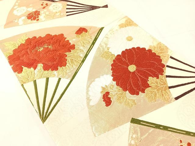 平和屋着物●西陣　河合美術織物謹製　六通柄袋帯　唐織　扇面花文　金糸　正絹　逸品　CABH4467vp