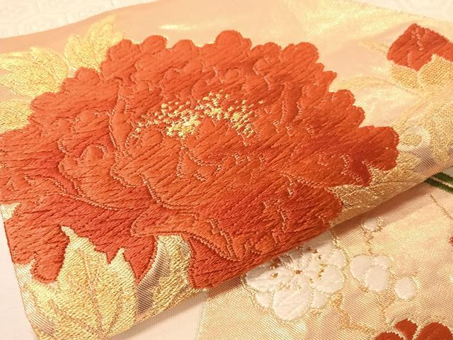 平和屋着物●西陣　河合美術織物謹製　六通柄袋帯　唐織　扇面花文　金糸　正絹　逸品　CABH4467vp
