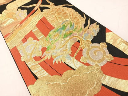 平和屋着物●六通柄袋帯　雲龍　黒地　金銀糸　正絹　逸品　CABH4485vp
