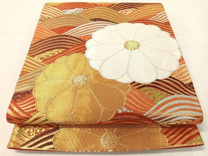 平和屋着物●西陣　河合美術織物謹製　六通柄袋帯　唐織　立波花文　金糸　正絹　逸品　CABH4490vp