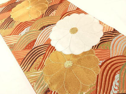 平和屋着物●西陣　河合美術織物謹製　六通柄袋帯　唐織　立波花文　金糸　正絹　逸品　CABH4490vp