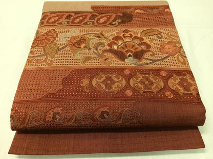 平和屋着物●中国三大刺繍　スワトウ相良刺繍　総刺繍　太鼓柄袋帯　紬地　更紗横段文　正絹　逸品　CABH4494vp