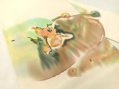 平和屋着物●塩瀬　九寸名古屋帯　ろうけつ染　草花文　正絹　逸品　CABH4496vp