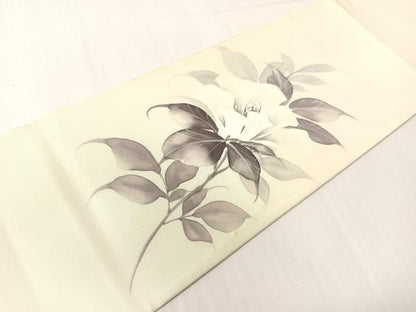 平和屋着物●塩瀬　九寸名古屋帯　手描き　蘭峰　草花文　正絹　逸品　CABH4498vp