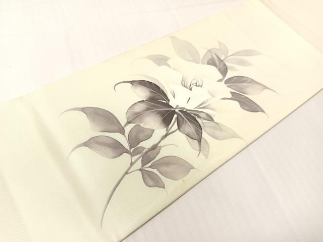 平和屋着物●塩瀬　九寸名古屋帯　手描き　蘭峰　草花文　正絹　逸品　CABH4498vp