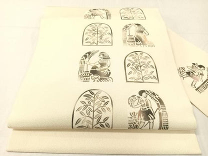 平和屋着物●九寸名古屋帯　型染め　エジプト壁画文様　鬼しぼ縮緬　鈴乃屋扱い　正絹　逸品　CABH4500vp