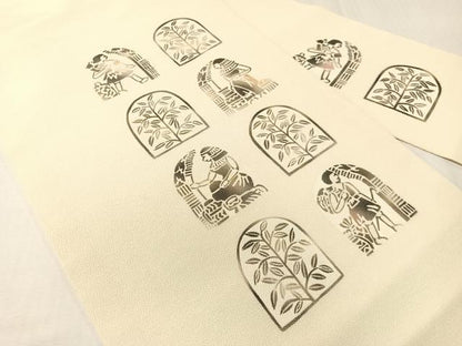 平和屋着物●九寸名古屋帯　型染め　エジプト壁画文様　鬼しぼ縮緬　鈴乃屋扱い　正絹　逸品　CABH4500vp