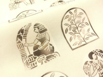 平和屋着物●九寸名古屋帯　型染め　エジプト壁画文様　鬼しぼ縮緬　鈴乃屋扱い　正絹　逸品　CABH4500vp