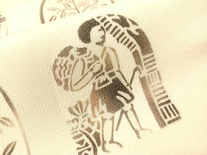 平和屋着物●九寸名古屋帯　型染め　エジプト壁画文様　鬼しぼ縮緬　鈴乃屋扱い　正絹　逸品　CABH4500vp