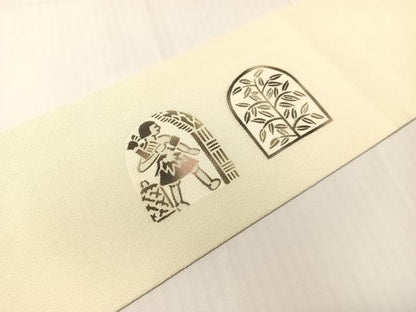 平和屋着物●九寸名古屋帯　型染め　エジプト壁画文様　鬼しぼ縮緬　鈴乃屋扱い　正絹　逸品　CABH4500vp