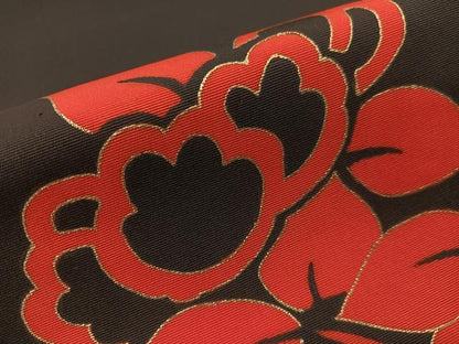 平和屋着物●塩瀬　九寸名古屋帯　駒刺繍　草花文　黒地　金彩　正絹　逸品　CABH4503vp