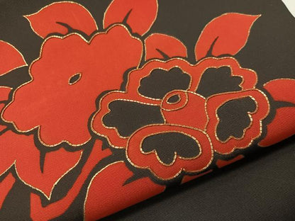 平和屋着物●塩瀬　九寸名古屋帯　駒刺繍　草花文　黒地　金彩　正絹　逸品　CABH4503vp