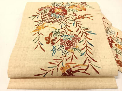 平和屋着物●九寸名古屋帯　生紬　型染め　花籠鳥文　正絹　逸品　CABH4515vp