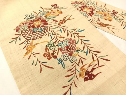 平和屋着物●九寸名古屋帯　生紬　型染め　花籠鳥文　正絹　逸品　CABH4515vp