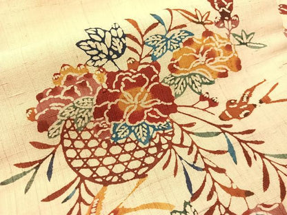 平和屋着物●九寸名古屋帯　生紬　型染め　花籠鳥文　正絹　逸品　CABH4515vp