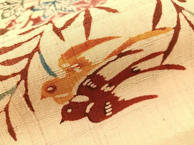 平和屋着物●九寸名古屋帯　生紬　型染め　花籠鳥文　正絹　逸品　CABH4515vp