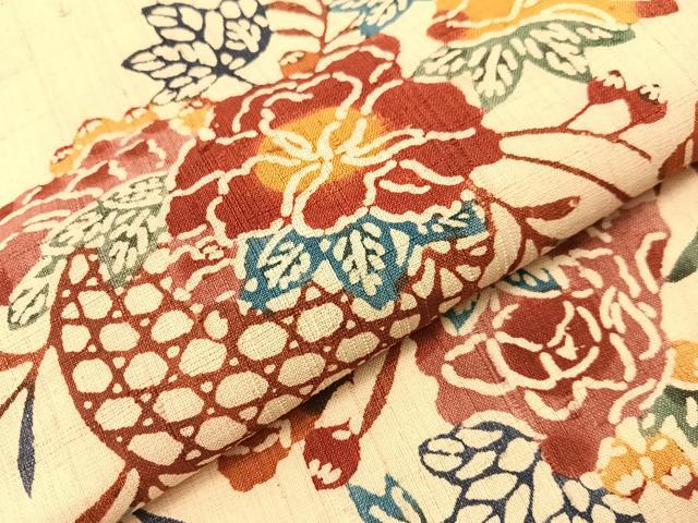 平和屋着物●九寸名古屋帯　生紬　型染め　花籠鳥文　正絹　逸品　CABH4515vp