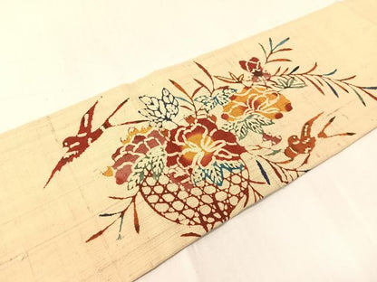平和屋着物●九寸名古屋帯　生紬　型染め　花籠鳥文　正絹　逸品　CABH4515vp