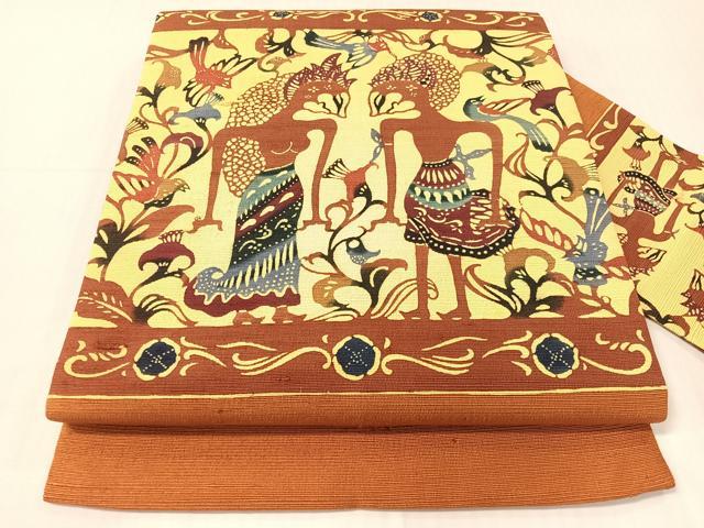 平和屋着物●九寸名古屋帯　紬地　型染め　エジプト壁画文様　正絹　逸品　CABH4526vp
