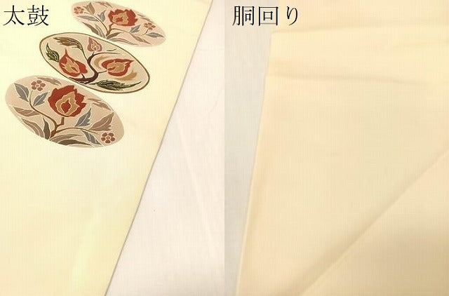 平和屋着物●塩瀬　九寸名古屋帯　駒刺繍　草花丸文　金彩　正絹　逸品　CABH4531vp