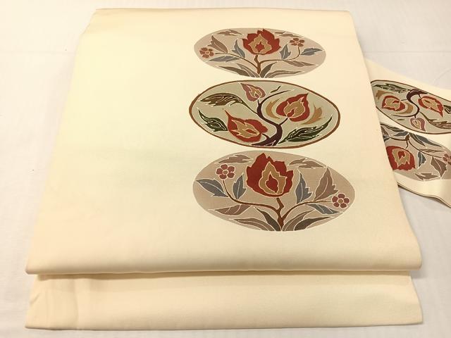平和屋着物●塩瀬　九寸名古屋帯　駒刺繍　草花丸文　金彩　正絹　逸品　CABH4531vp