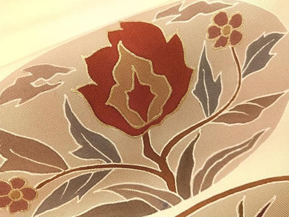 平和屋着物●塩瀬　九寸名古屋帯　駒刺繍　草花丸文　金彩　正絹　逸品　CABH4531vp