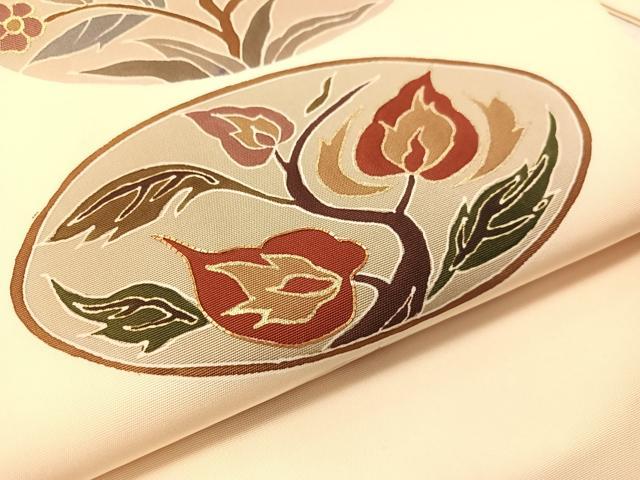 平和屋着物●塩瀬　九寸名古屋帯　駒刺繍　草花丸文　金彩　正絹　逸品　CABH4531vp