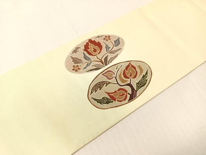 平和屋着物●塩瀬　九寸名古屋帯　駒刺繍　草花丸文　金彩　正絹　逸品　CABH4531vp