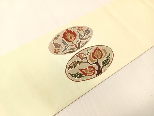 平和屋着物●塩瀬　九寸名古屋帯　駒刺繍　草花丸文　金彩　正絹　逸品　CABH4531vp