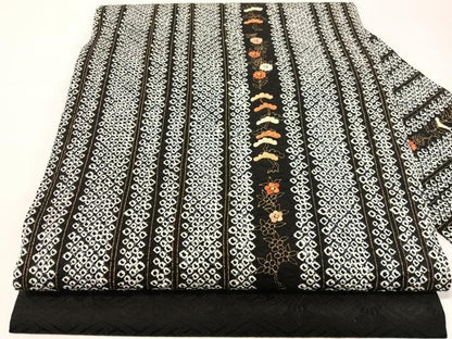 平和屋着物●九寸名古屋帯　刺繍　絞り　草花間道　黒地　金彩　正絹　逸品　CABH4535vp