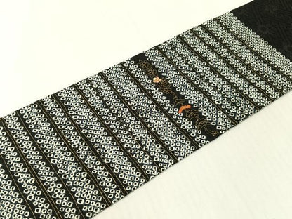 平和屋着物●九寸名古屋帯　刺繍　絞り　草花間道　黒地　金彩　正絹　逸品　CABH4535vp