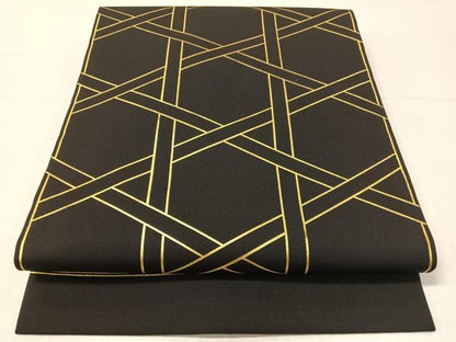 平和屋着物●塩瀬　九寸開き名古屋帯　籬文様　黒地　金彩　正絹　逸品　CABH4541vp