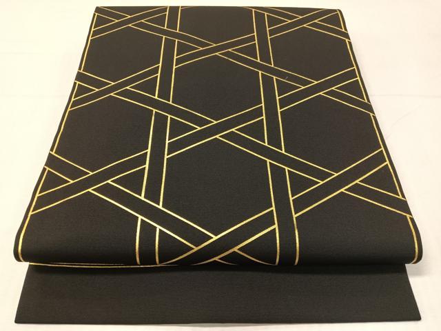 平和屋着物●塩瀬　九寸開き名古屋帯　籬文様　黒地　金彩　正絹　逸品　CABH4541vp