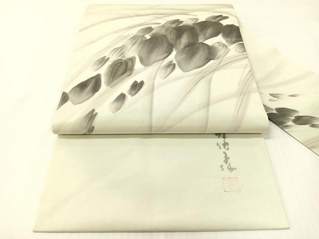 平和屋着物●東京友禅　熊谷好博子　塩瀬　九寸名古屋帯　手描き　草花文　金彩　正絹　逸品　CABH4552vp