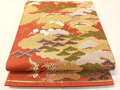 平和屋着物●西陣　河合美術織物謹製　六通柄袋帯　唐織　松竹梅飛鶴文　金糸　正絹　逸品　CABH4554vp