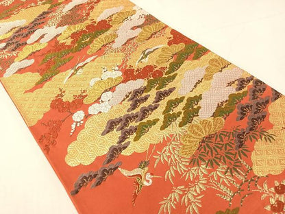 平和屋着物●西陣　河合美術織物謹製　六通柄袋帯　唐織　松竹梅飛鶴文　金糸　正絹　逸品　CABH4554vp