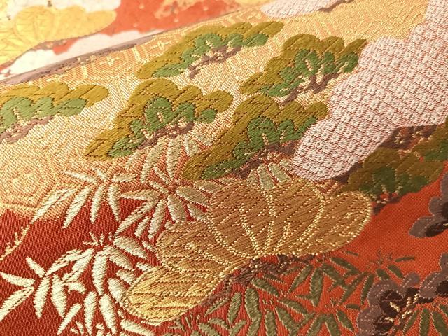 平和屋着物●西陣　河合美術織物謹製　六通柄袋帯　唐織　松竹梅飛鶴文　金糸　正絹　逸品　CABH4554vp