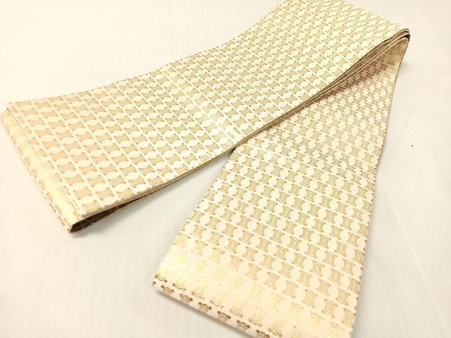 平和屋着物●ファッションブランド　CELINE　セリーヌ　両面　半幅帯　籬花文　金糸　正絹　逸品　未使用　CABH4585vp