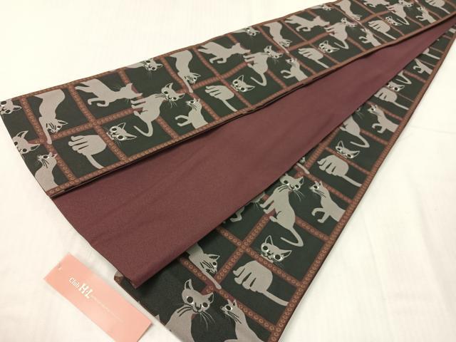 平和屋着物●H・L（アッシュエル）　HENRI-LUC CHAPUIS　半幅帯　小袋帯　猫　黒地　未使用　CABH4588vp