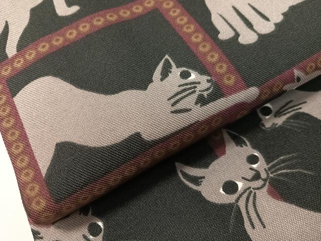 平和屋着物●H・L（アッシュエル）　HENRI-LUC CHAPUIS　半幅帯　小袋帯　猫　黒地　未使用　CABH4588vp