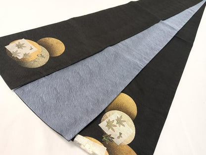 平和屋着物●螺鈿　両面　半幅帯　満月　舞桜　黒地　金銀彩　正絹　逸品　CABH4589vp