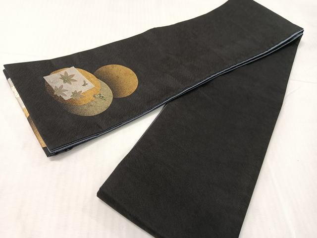 平和屋着物●螺鈿　両面　半幅帯　満月　舞桜　黒地　金銀彩　正絹　逸品　CABH4589vp