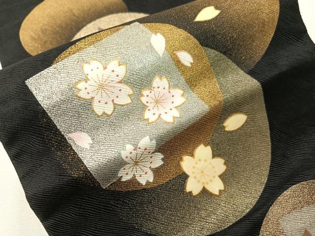 平和屋着物●螺鈿　両面　半幅帯　満月　舞桜　黒地　金銀彩　正絹　逸品　CABH4589vp