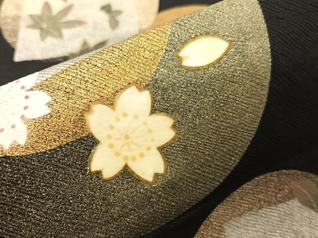 平和屋着物●螺鈿　両面　半幅帯　満月　舞桜　黒地　金銀彩　正絹　逸品　CABH4589vp