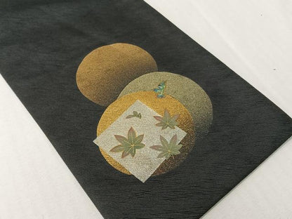 平和屋着物●螺鈿　両面　半幅帯　満月　舞桜　黒地　金銀彩　正絹　逸品　CABH4589vp
