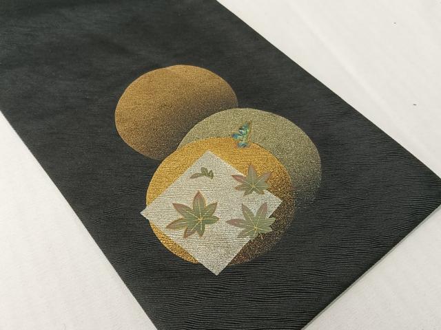平和屋着物●螺鈿　両面　半幅帯　満月　舞桜　黒地　金銀彩　正絹　逸品　CABH4589vp