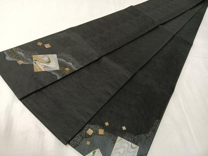 平和屋着物●螺鈿　半幅帯　道長箔散らし　黒地　金銀彩　正絹　逸品　CABH4592vp