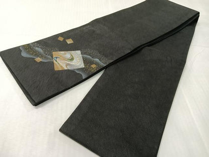 平和屋着物●螺鈿　半幅帯　道長箔散らし　黒地　金銀彩　正絹　逸品　CABH4592vp