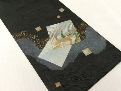 平和屋着物●螺鈿　半幅帯　道長箔散らし　黒地　金銀彩　正絹　逸品　CABH4592vp