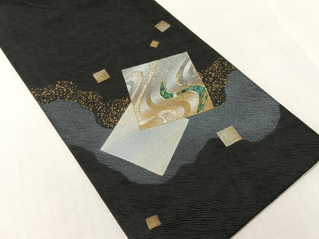 平和屋着物●螺鈿　半幅帯　道長箔散らし　黒地　金銀彩　正絹　逸品　CABH4592vp
